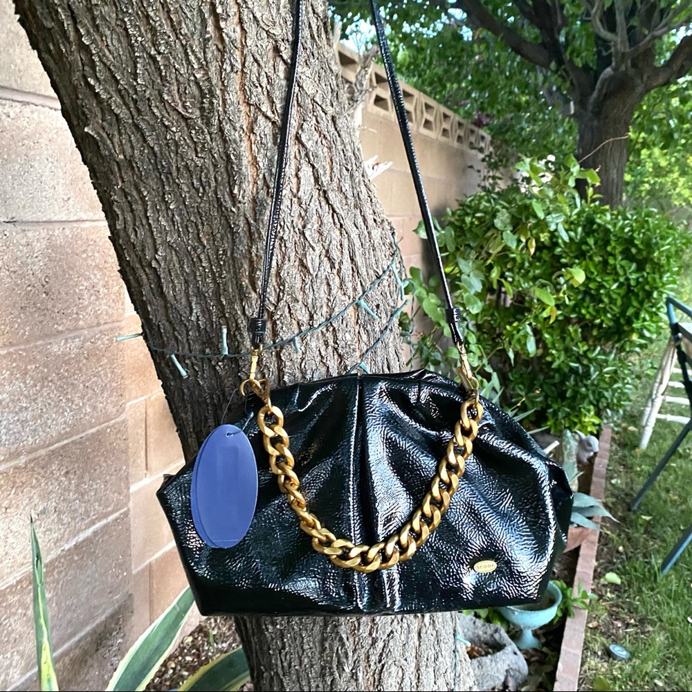 Scoop Shiny Black Clutch Crossbody Gold Chain Bag